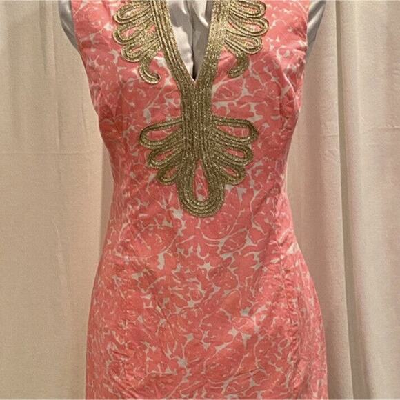Lilly Pulitzer Janice Coral Pink White Shift Dress Gold Embroidered V Neck Sz 2 - Picture 5 of 11